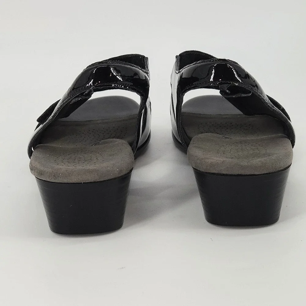 SAS Sunburst Tripad‎ Comfort Black Patent Leather Cutout Sandal Low Heel 10 W
